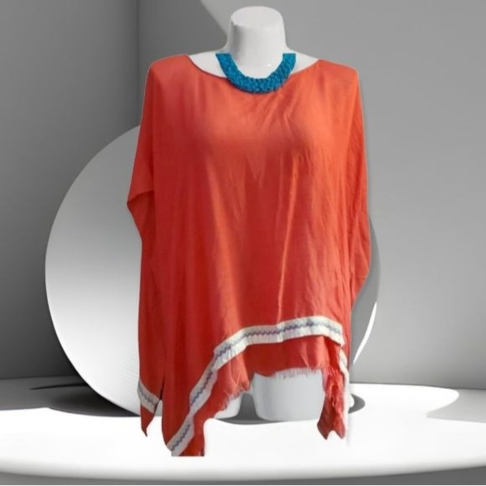 NWOT Lilly Edelman Boho Lagenlook Soft Knit Tassel Hem Orange Red Poncho